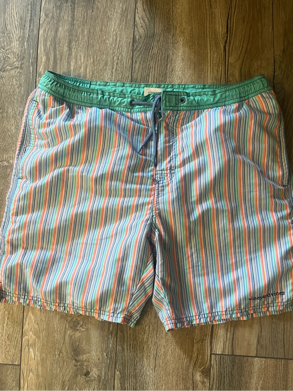 Vineyard Vines Multicolor Vertical Stripe Swim Trunks with Green Waistband